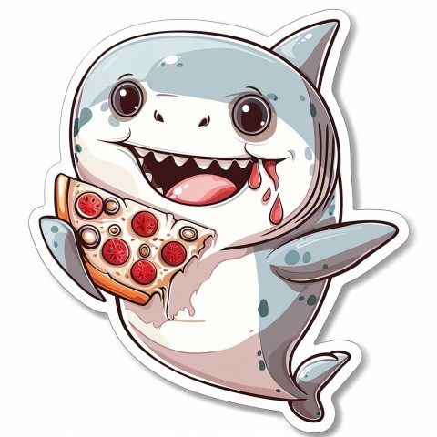 Cute Kawaii Stickers Shark Eating Pizza on White Background (100)