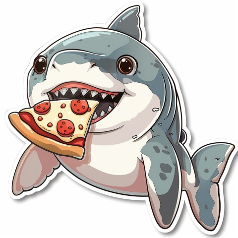 Cute Kawaii Stickers Shark Eating Pizza on White Background (97)