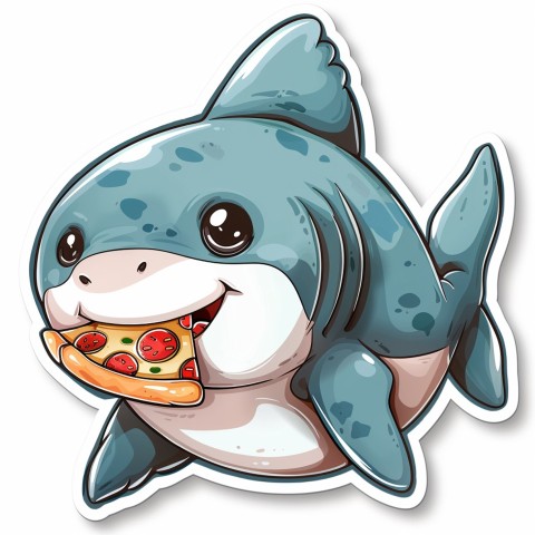 Cute Kawaii Stickers Shark Eating Pizza on White Background (98)