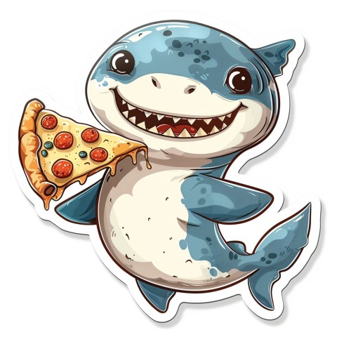 Cute Kawaii Stickers Shark Eating Pizza on White Background (87)