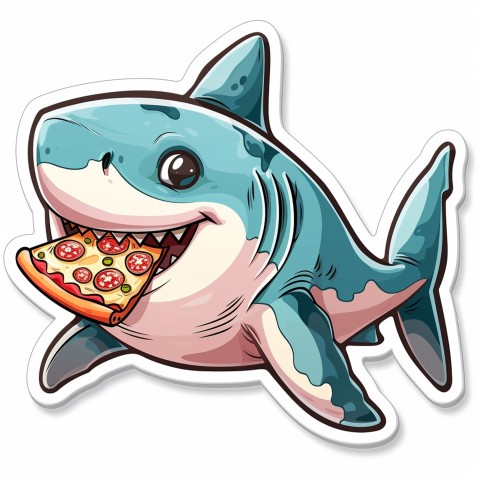 Cute Kawaii Stickers Shark Eating Pizza on White Background (88)