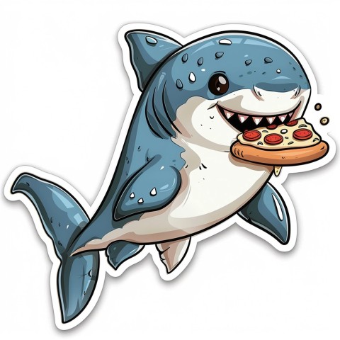 Cute Kawaii Stickers Shark Eating Pizza on White Background (85)