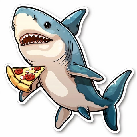 Cute Kawaii Stickers Shark Eating Pizza on White Background (101)