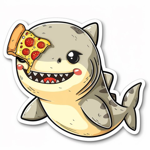 Cute Kawaii Stickers Shark Eating Pizza on White Background (120)