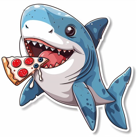 Cute Kawaii Stickers Shark Eating Pizza on White Background (108)