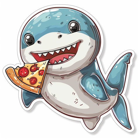 Cute Kawaii Stickers Shark Eating Pizza on White Background (102)