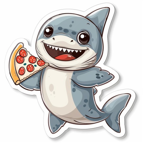 Cute Kawaii Stickers Shark Eating Pizza on White Background (128)