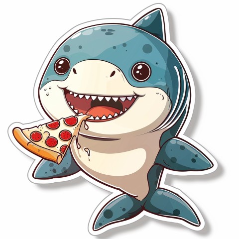 Cute Kawaii Stickers Shark Eating Pizza on White Background (130)