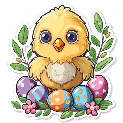 Cute Kawaii Stickers Adorable Easter Chicken in Scrapbooking Style on White Background (11)