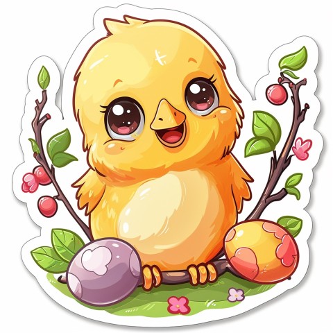 Cute Kawaii Stickers Adorable Easter Chicken in Scrapbooking Style on White Background (28)