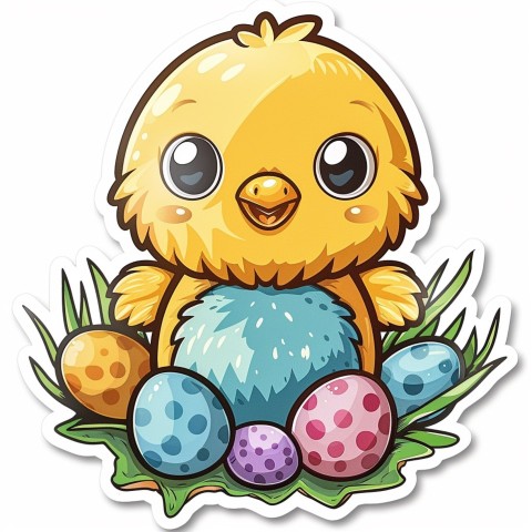 Cute Kawaii Stickers Adorable Easter Chicken in Scrapbooking Style on White Background (24)