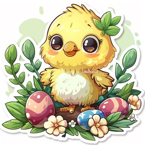 Cute Kawaii Stickers Adorable Easter Chicken in Scrapbooking Style on White Background (30)