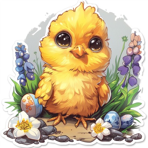 Cute Kawaii Stickers Adorable Easter Chicken in Scrapbooking Style on White Background (29)