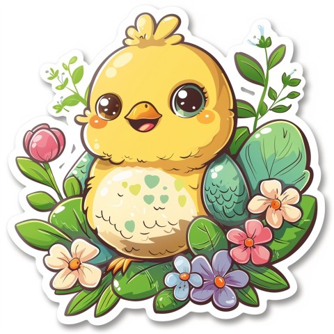 Cute Kawaii Stickers Adorable Easter Chicken in Scrapbooking Style on White Background (42)