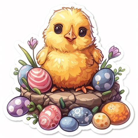 Cute Kawaii Stickers Adorable Easter Chicken in Scrapbooking Style on White Background (45)