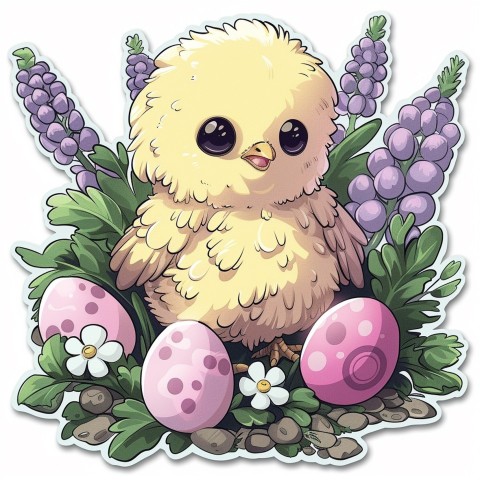 Cute Kawaii Stickers Adorable Easter Chicken in Scrapbooking Style on White Background (43)