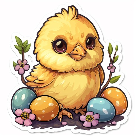 Cute Kawaii Stickers Adorable Easter Chicken in Scrapbooking Style on White Background (74)