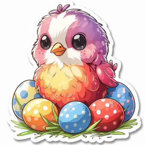 Cute Kawaii Stickers Adorable Easter Chicken in Scrapbooking Style on White Background (78)