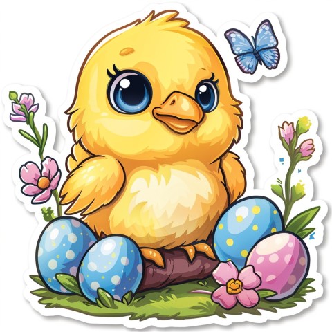 Cute Kawaii Stickers Adorable Easter Chicken in Scrapbooking Style on White Background (62)