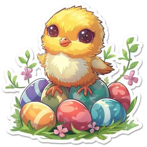 Cute Kawaii Stickers Adorable Easter Chicken in Scrapbooking Style on White Background (80)