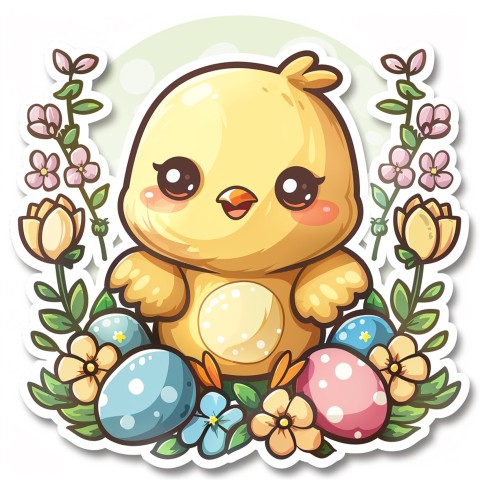 Cute Kawaii Stickers Adorable Easter Chicken in Scrapbooking Style on White Background (85)