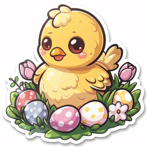 Cute Kawaii Stickers Adorable Easter Chicken in Scrapbooking Style on White Background (88)