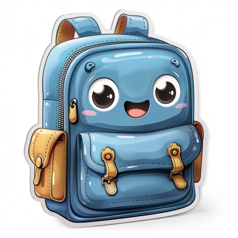 Cute Kawaii Stickers Bright Blue Backpack with Smiling Zippers and Winking Pockets on White Background (14)