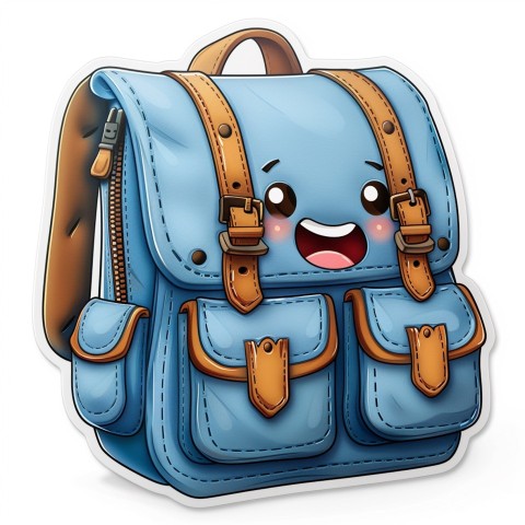 Cute Kawaii Stickers Bright Blue Backpack with Smiling Zippers and Winking Pockets on White Background (9)