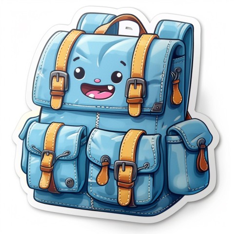 Cute Kawaii Stickers Bright Blue Backpack with Smiling Zippers and Winking Pockets on White Background (3)