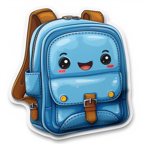 Cute Kawaii Stickers Bright Blue Backpack with Smiling Zippers and Winking Pockets on White Background (19)