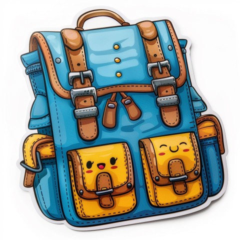 Cute Kawaii Stickers Bright Blue Backpack with Smiling Zippers and Winking Pockets on White Background (17)