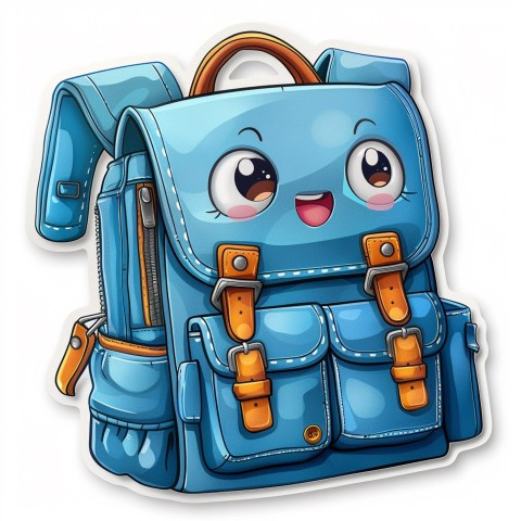 Cute Kawaii Stickers Bright Blue Backpack with Smiling Zippers and Winking Pockets on White Background (8)