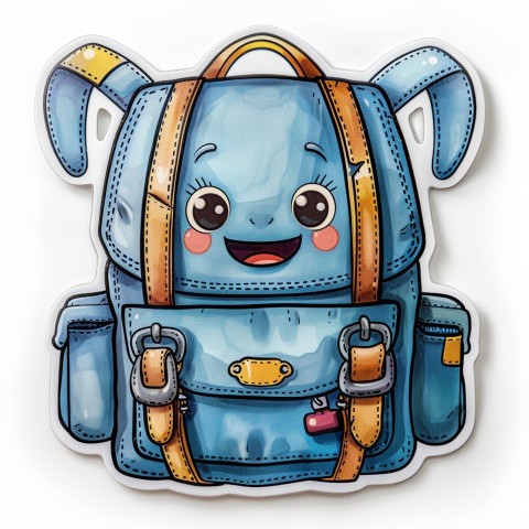 Cute Kawaii Stickers Bright Blue Backpack with Smiling Zippers and Winking Pockets on White Background (2)