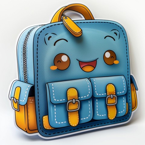 Cute Kawaii Stickers Bright Blue Backpack with Smiling Zippers and Winking Pockets on White Background (1)