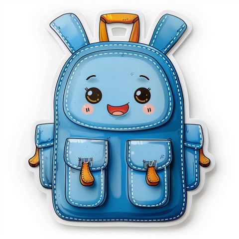 Cute Kawaii Stickers Bright Blue Backpack with Smiling Zippers and Winking Pockets on White Background (4)