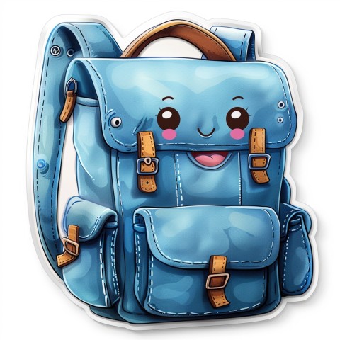 Cute Kawaii Stickers Bright Blue Backpack with Smiling Zippers and Winking Pockets on White Background (6)