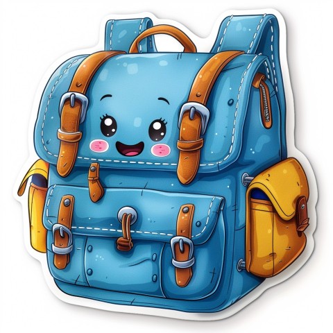 Cute Kawaii Stickers Bright Blue Backpack with Smiling Zippers and Winking Pockets on White Background (18)