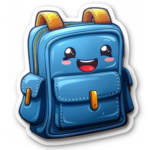 Cute Kawaii Stickers Bright Blue Backpack with Smiling Zippers and Winking Pockets on White Background (36)