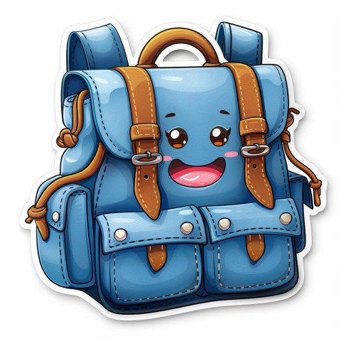 Cute Kawaii Stickers Bright Blue Backpack with Smiling Zippers and Winking Pockets on White Background (32)