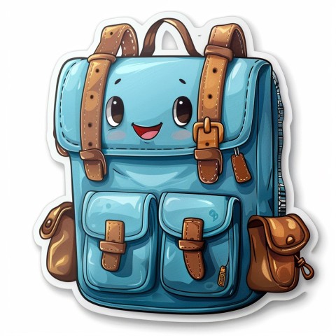 Cute Kawaii Stickers Bright Blue Backpack with Smiling Zippers and Winking Pockets on White Background (25)