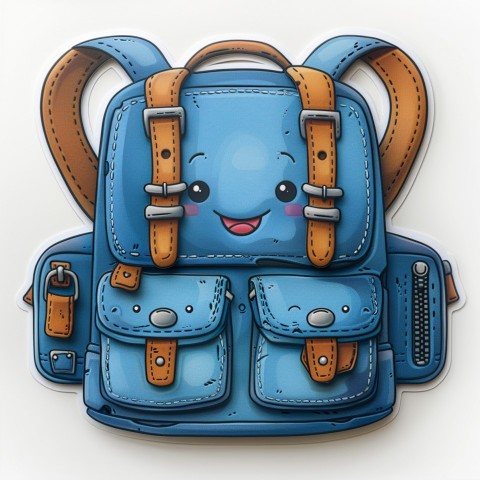 Cute Kawaii Stickers Bright Blue Backpack with Smiling Zippers and Winking Pockets on White Background (40)