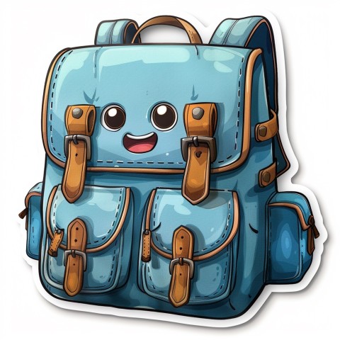 Cute Kawaii Stickers Bright Blue Backpack with Smiling Zippers and Winking Pockets on White Background (66)