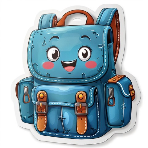 Cute Kawaii Stickers Bright Blue Backpack with Smiling Zippers and Winking Pockets on White Background (79)