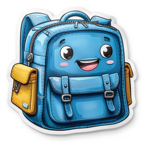 Cute Kawaii Stickers Bright Blue Backpack with Smiling Zippers and Winking Pockets on White Background (75)