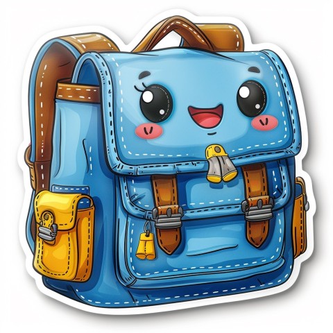 Cute Kawaii Stickers Bright Blue Backpack with Smiling Zippers and Winking Pockets on White Background (74)