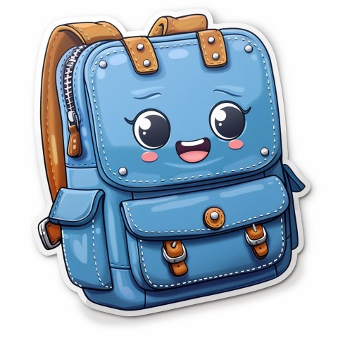 Cute Kawaii Stickers Bright Blue Backpack with Smiling Zippers and Winking Pockets on White Background (87)