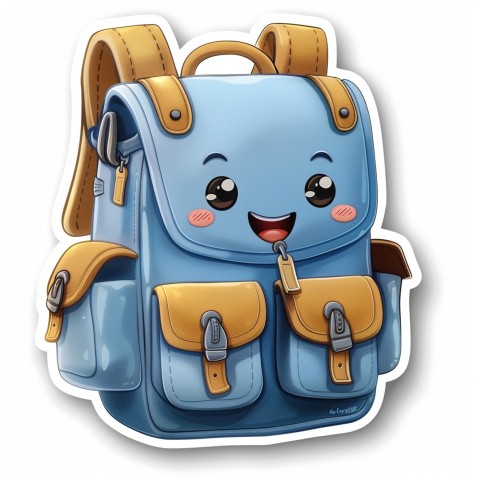 Cute Kawaii Stickers Bright Blue Backpack with Smiling Zippers and Winking Pockets on White Background (84)