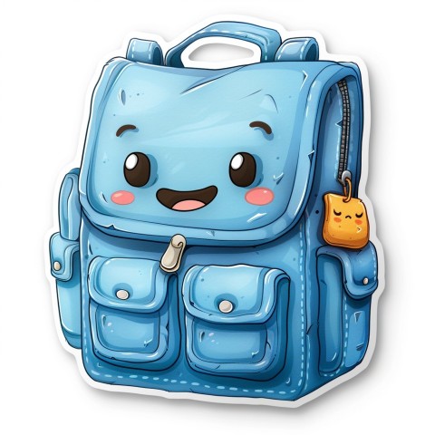 Cute Kawaii Stickers Bright Blue Backpack with Smiling Zippers and Winking Pockets on White Background (95)