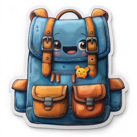 Cute Kawaii Stickers Bright Blue Backpack with Smiling Zippers and Winking Pockets on White Background (99)