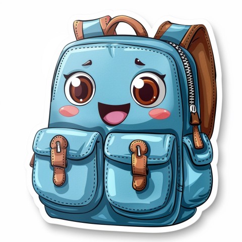 Cute Kawaii Stickers Bright Blue Backpack with Smiling Zippers and Winking Pockets on White Background (86)